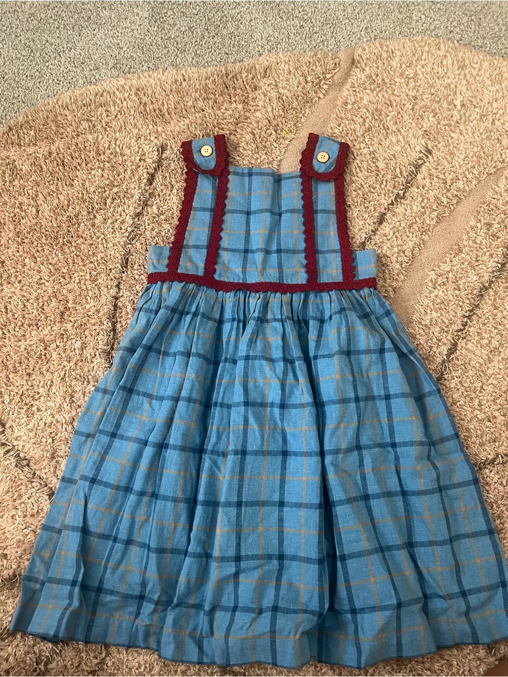 BNWOT Oso & Me Blue Plaid Pinafore Dress with Red Trim